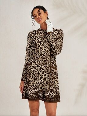 Acegolfs Wildlife Party Leopard Print Golf Dress Long Sleeve NWT Brown M